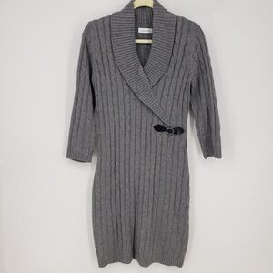 Calvin Klein Cable Knit Shawl Collar Sweater Dress S Fitted 3/4 Sleeve Gray